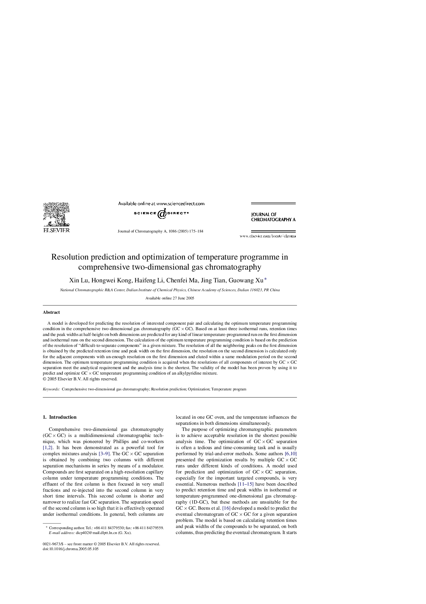 Resolution prediction and optimization of temperature programme in comprehensive two-dimensional gas chromatography