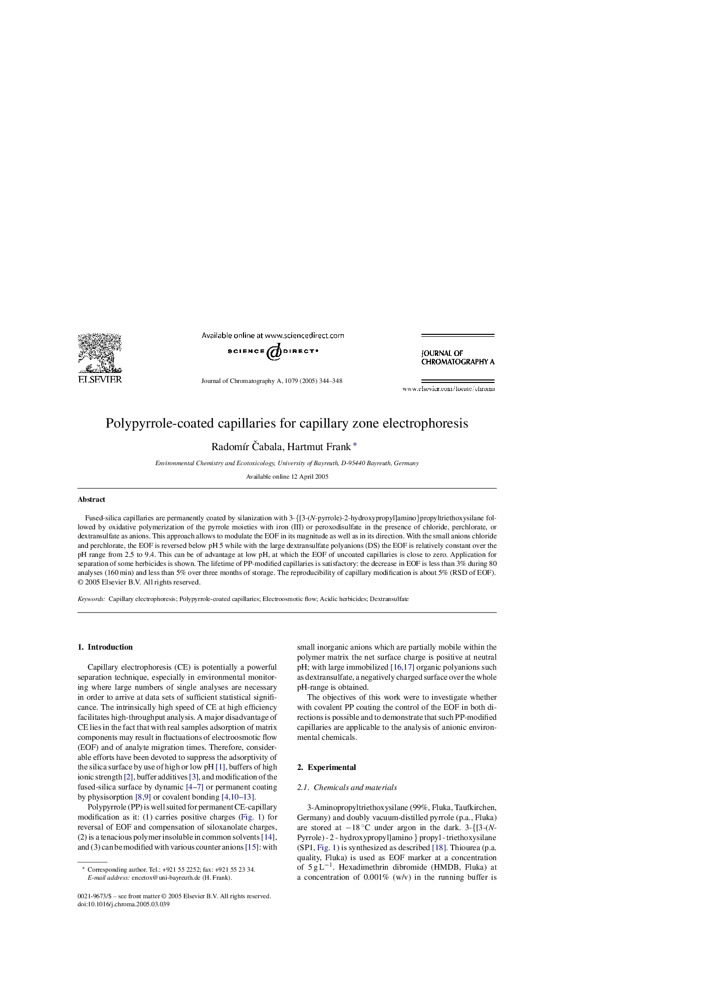 Polypyrrole-coated capillaries for capillary zone electrophoresis