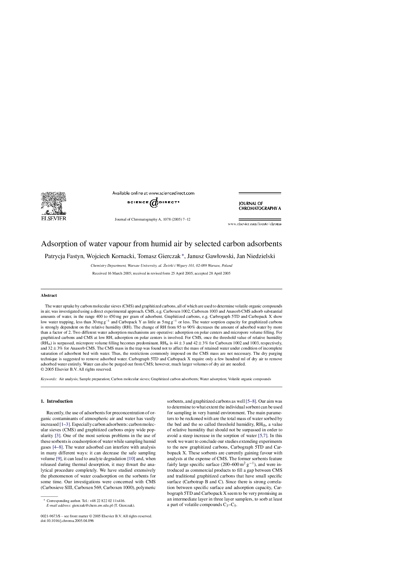 Adsorption of water vapour from humid air by selected carbon adsorbents