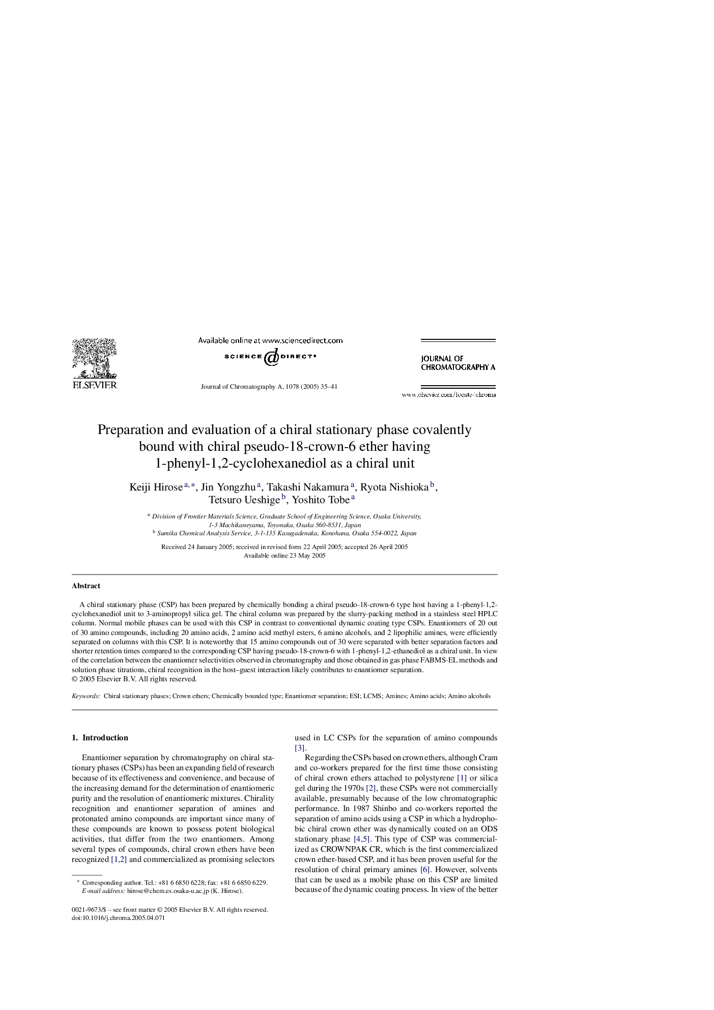 Preparation and evaluation of a chiral stationary phase covalently bound with chiral pseudo-18-crown-6 ether having 1-phenyl-1,2-cyclohexanediol as a chiral unit