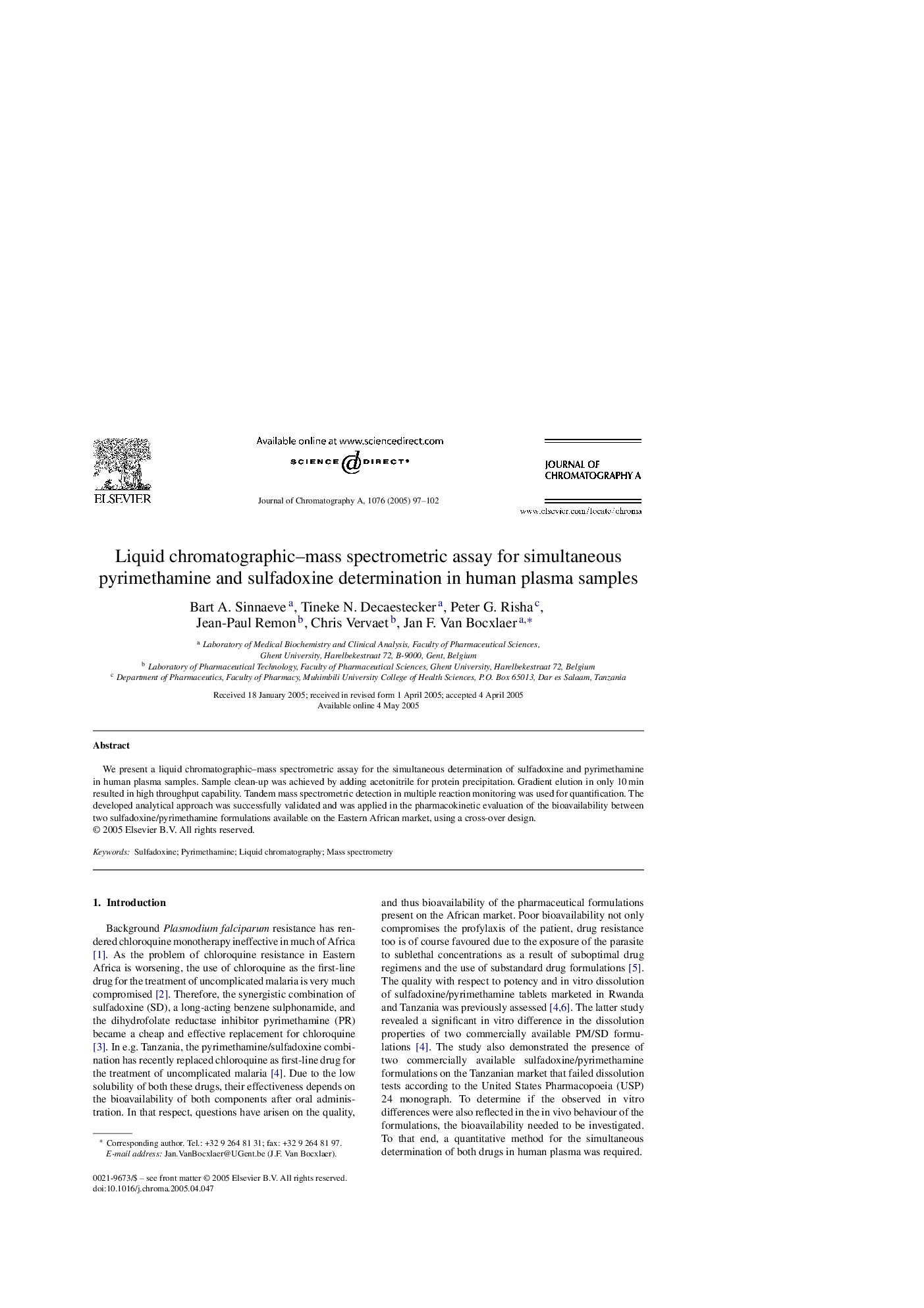 Liquid chromatographic-mass spectrometric assay for simultaneous pyrimethamine and sulfadoxine determination in human plasma samples