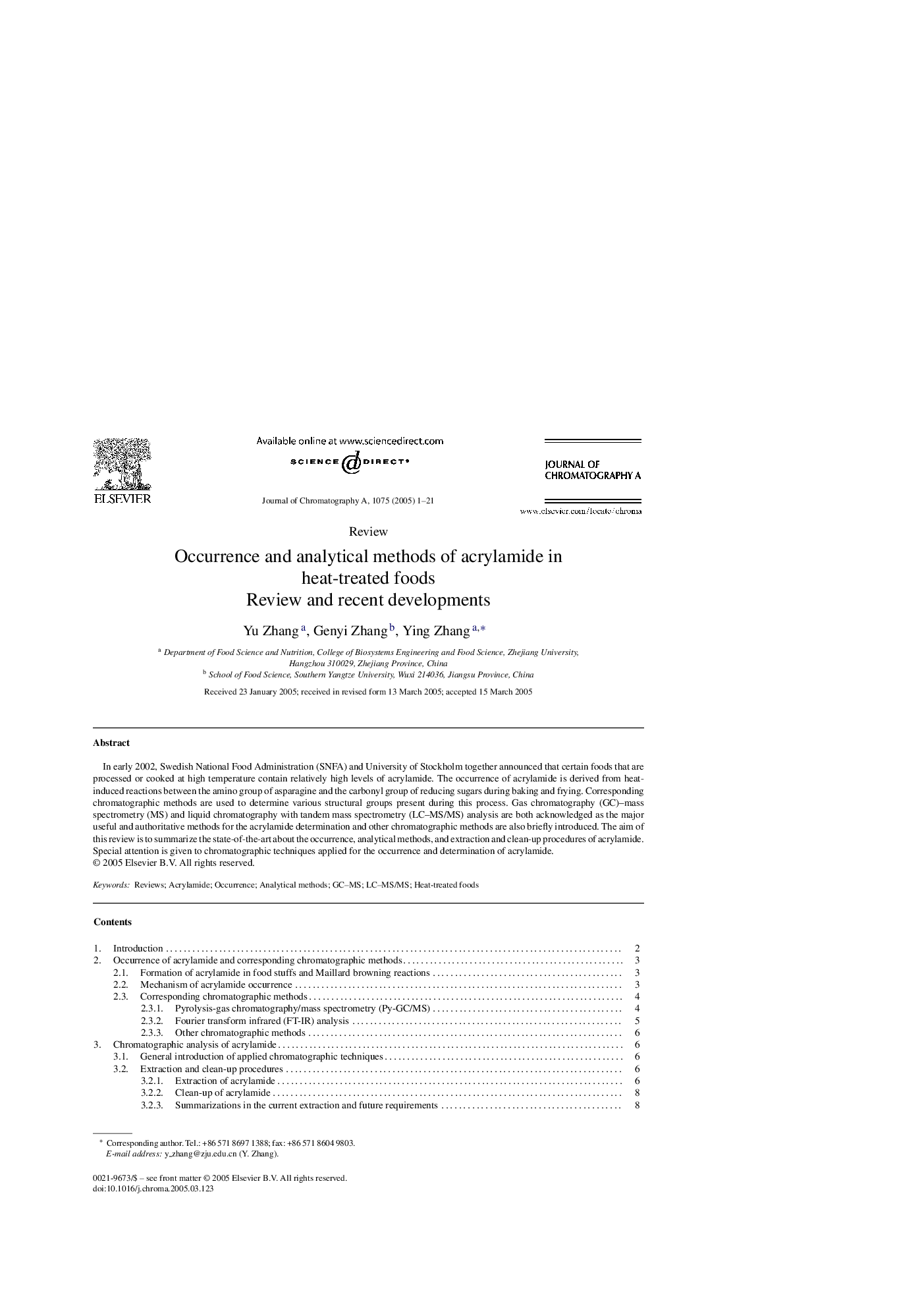 Occurrence and analytical methods of acrylamide in heat-treated foods