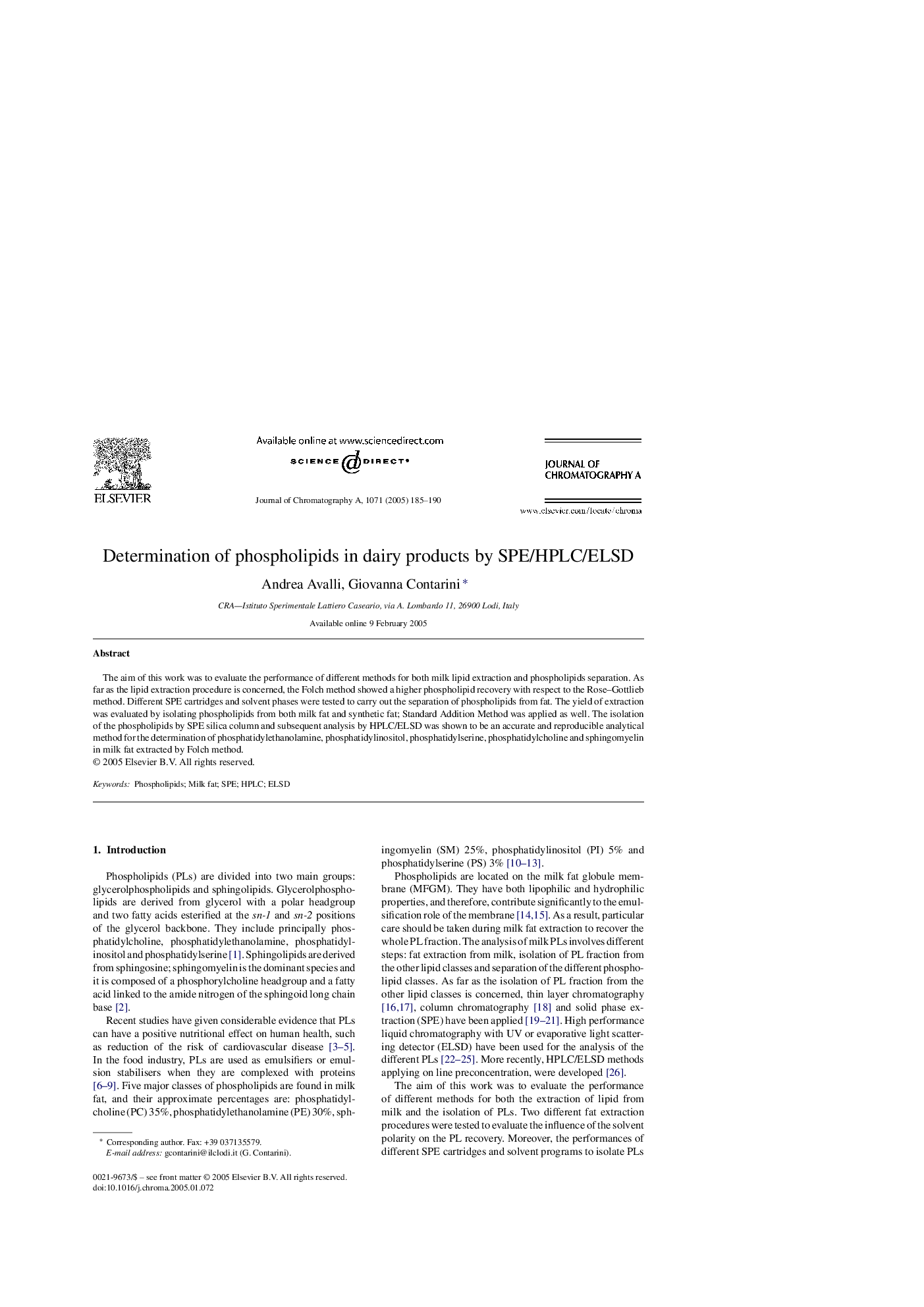 Determination of phospholipids in dairy products by SPE/HPLC/ELSD