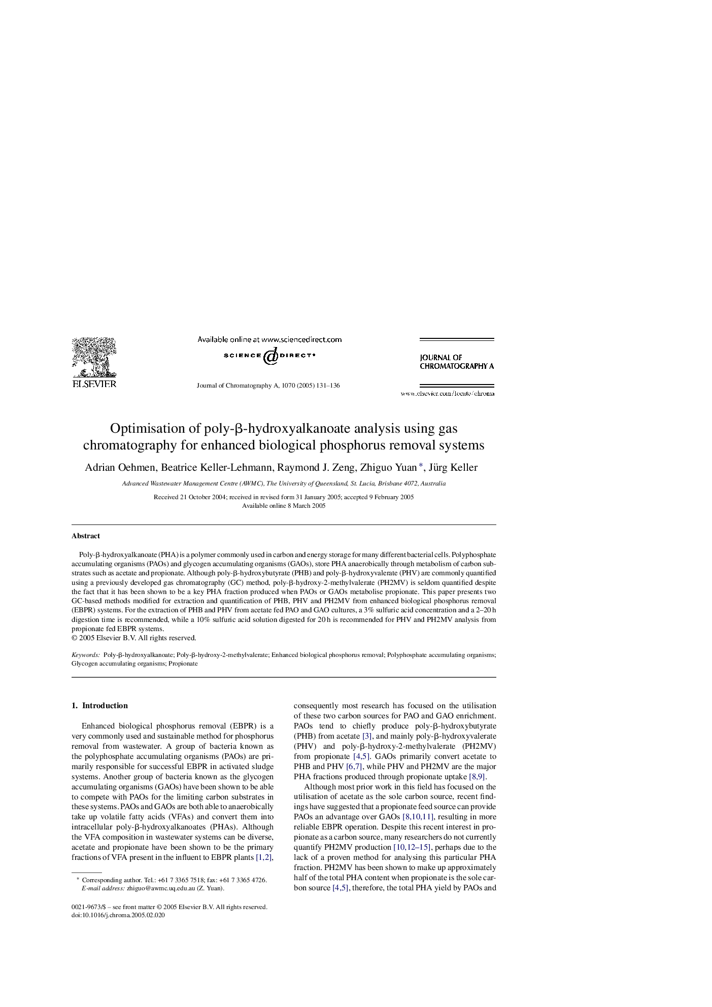 Optimisation of poly-Î²-hydroxyalkanoate analysis using gas chromatography for enhanced biological phosphorus removal systems