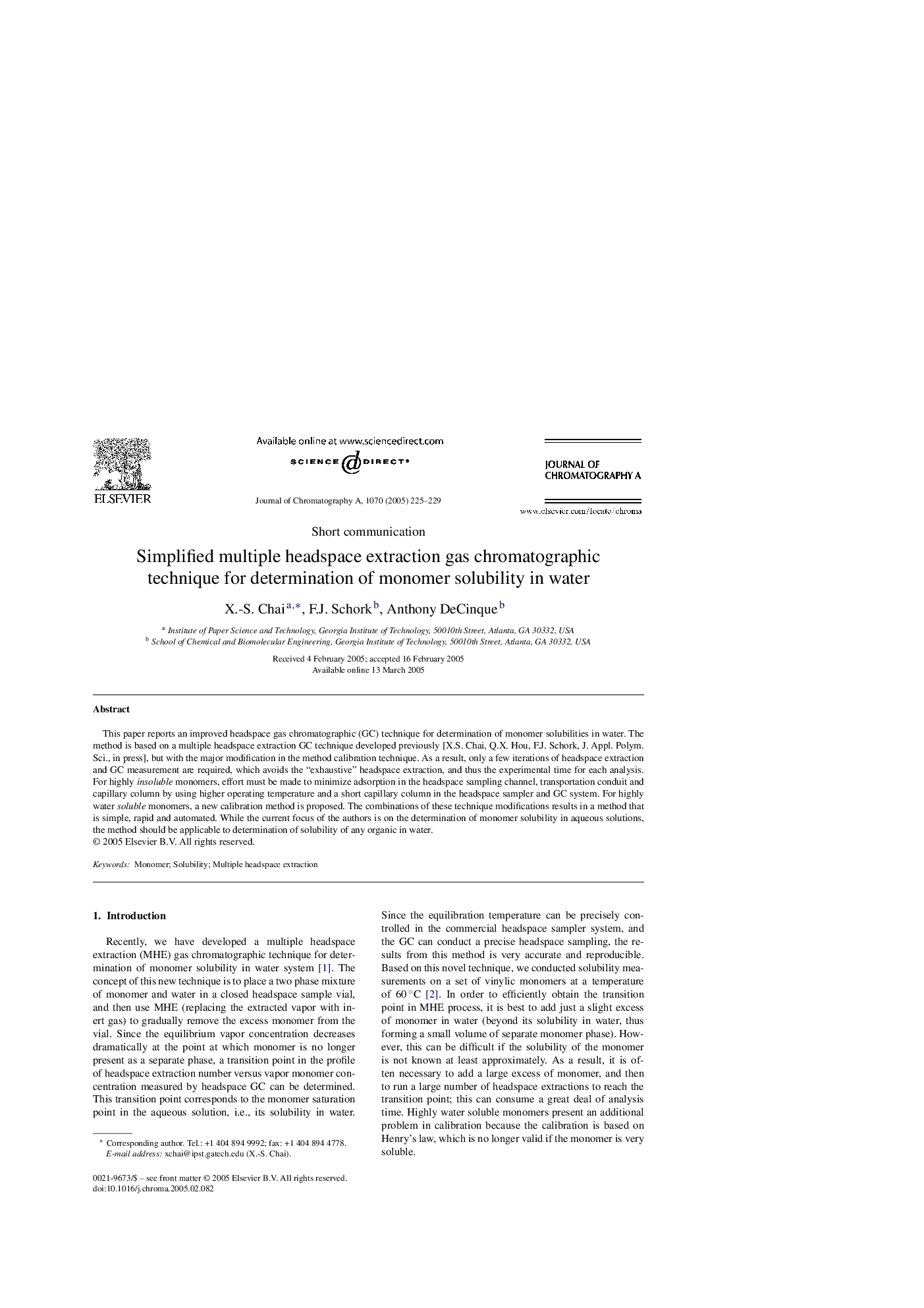 Simplified multiple headspace extraction gas chromatographic technique for determination of monomer solubility in water