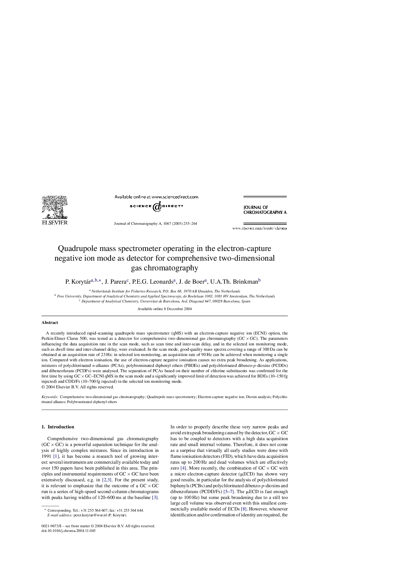 Quadrupole mass spectrometer operating in the electron-capture negative ion mode as detector for comprehensive two-dimensional gas chromatography