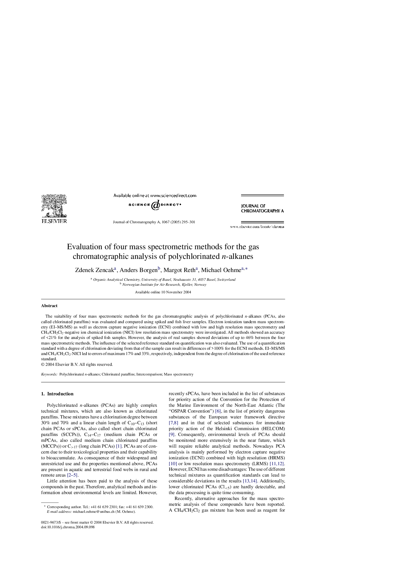 Evaluation of four mass spectrometric methods for the gas chromatographic analysis of polychlorinated n-alkanes