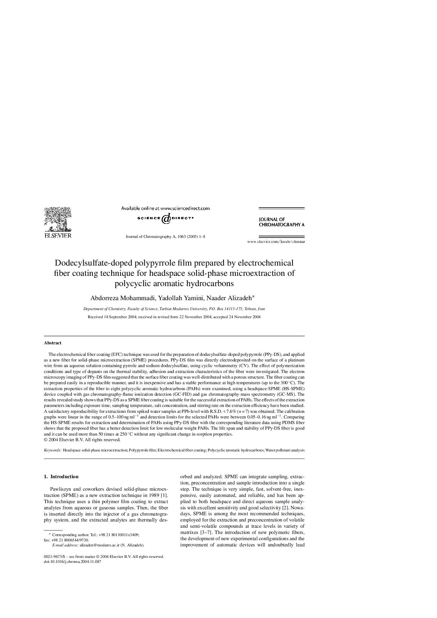 Dodecylsulfate-doped polypyrrole film prepared by electrochemical fiber coating technique for headspace solid-phase microextraction of polycyclic aromatic hydrocarbons