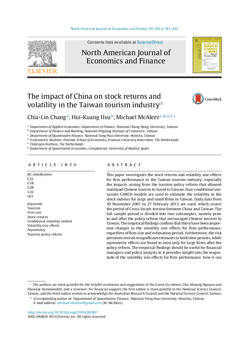 The impact of China on stock returns and volatility in the Taiwan tourism industry 