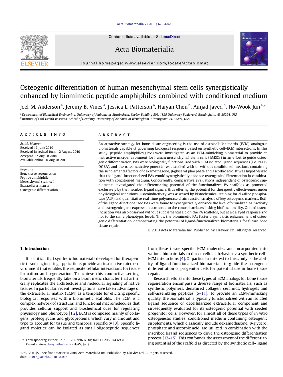 Osteogenic differentiation of human mesenchymal stem cells synergistically enhanced by biomimetic peptide amphiphiles combined with conditioned medium