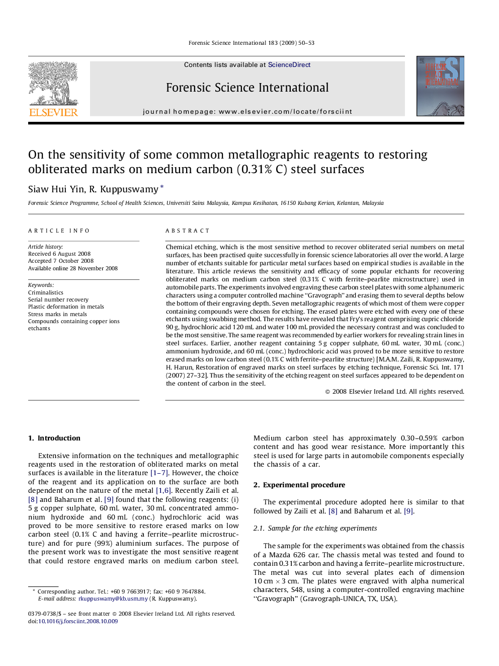 On the sensitivity of some common metallographic reagents to restoring obliterated marks on medium carbon (0.31% C) steel surfaces