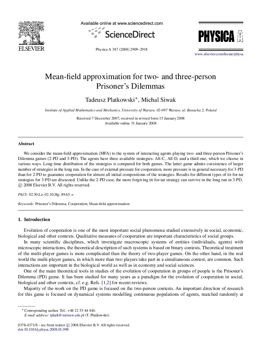 عکس صفحه اول مقاله: Mean-field approximation for two- and three-person Prisoner’s Dilemmas Mean-field approximation for two- and three-person Prisoner’s Dilemmas