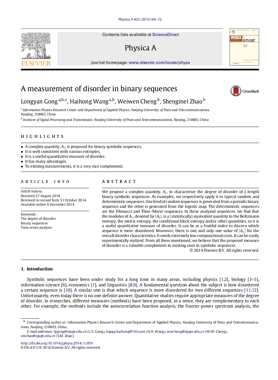 A measurement of disorder in binary sequences