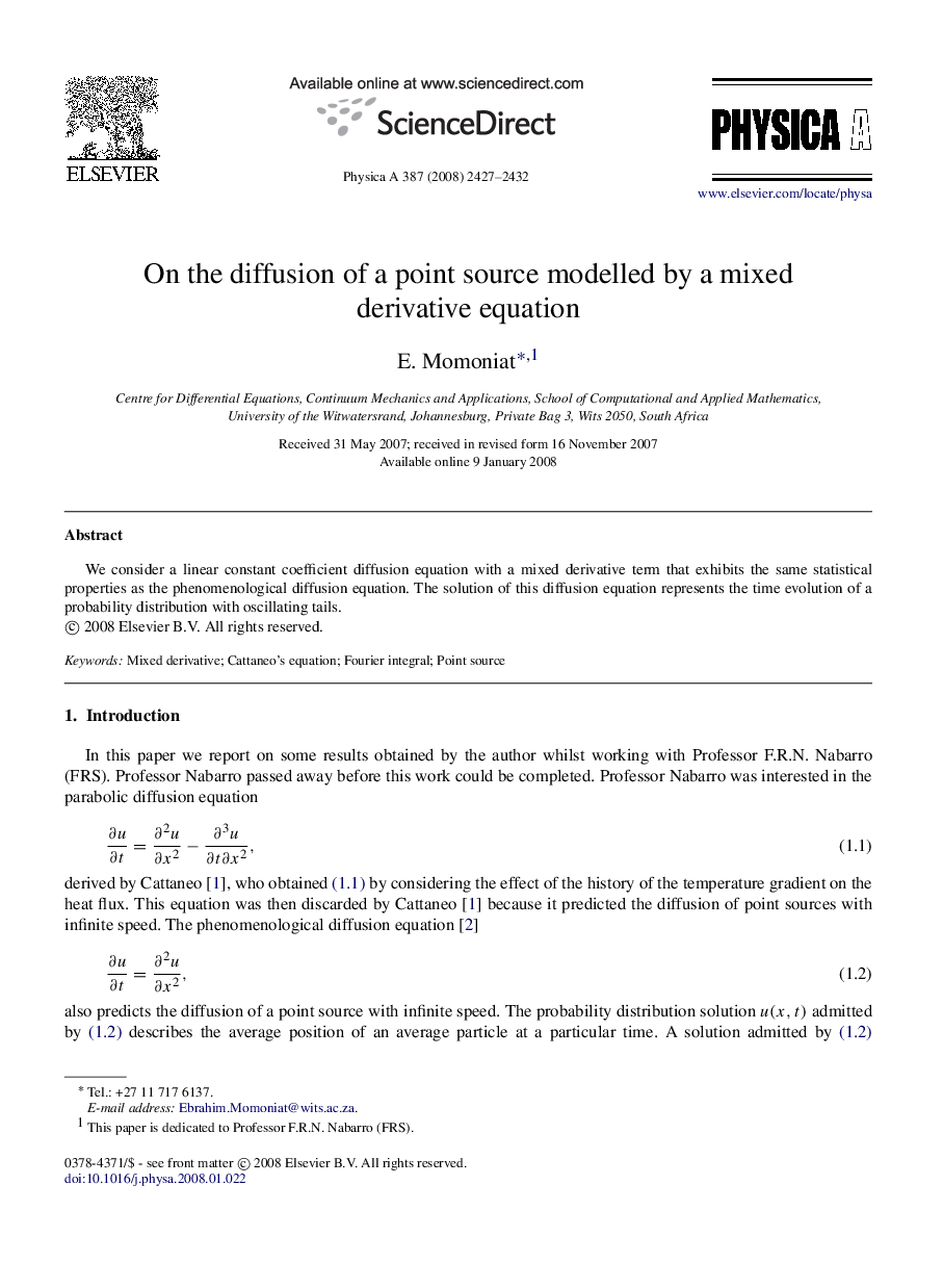 On the diffusion of a point source modelled by a mixed derivative equation