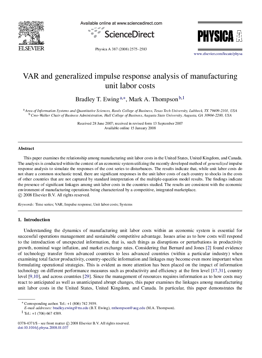 VAR and generalized impulse response analysis of manufacturing unit labor costs