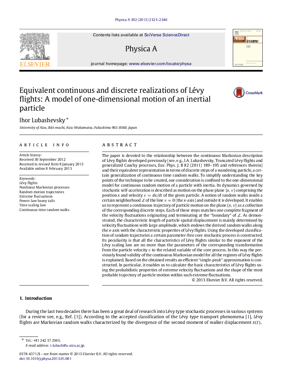 Equivalent continuous and discrete realizations of Lévy flights: A model of one-dimensional motion of an inertial particle