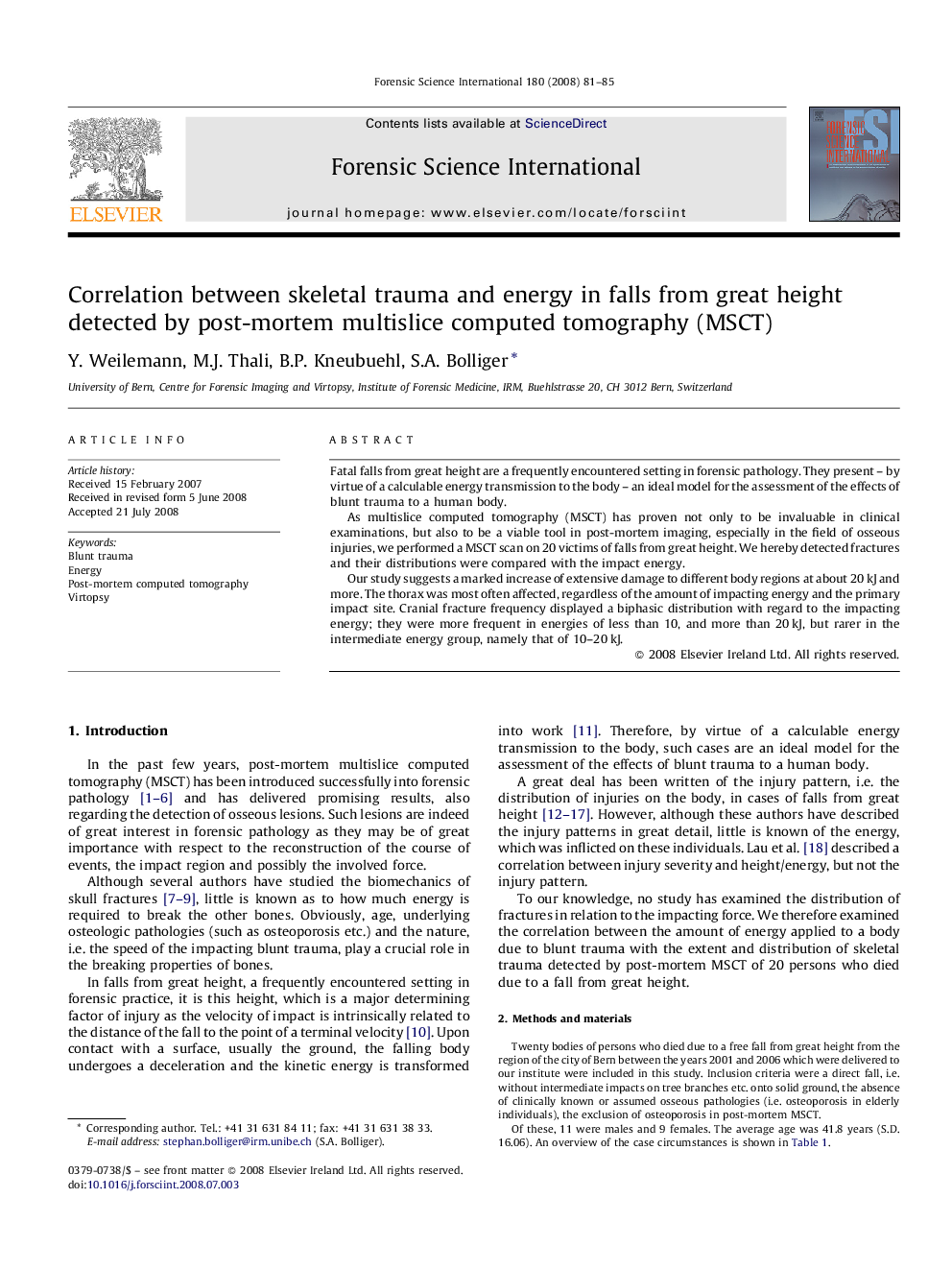 Correlation between skeletal trauma and energy in falls from great height detected by post-mortem multislice computed tomography (MSCT)