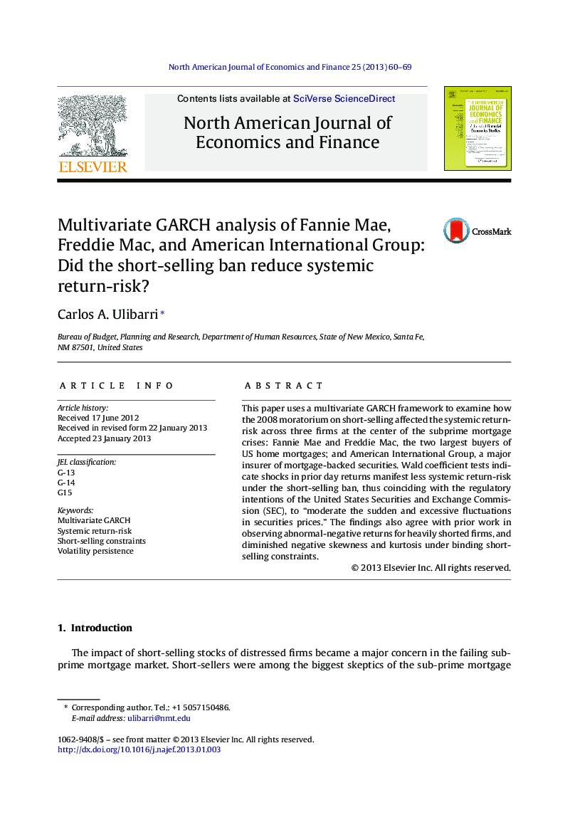 Multivariate GARCH analysis of Fannie Mae, Freddie Mac, and American International Group: Did the short-selling ban reduce systemic return-risk?