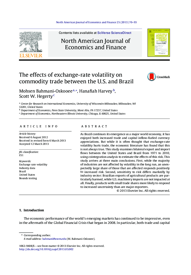 The effects of exchange-rate volatility on commodity trade between the U.S. and Brazil