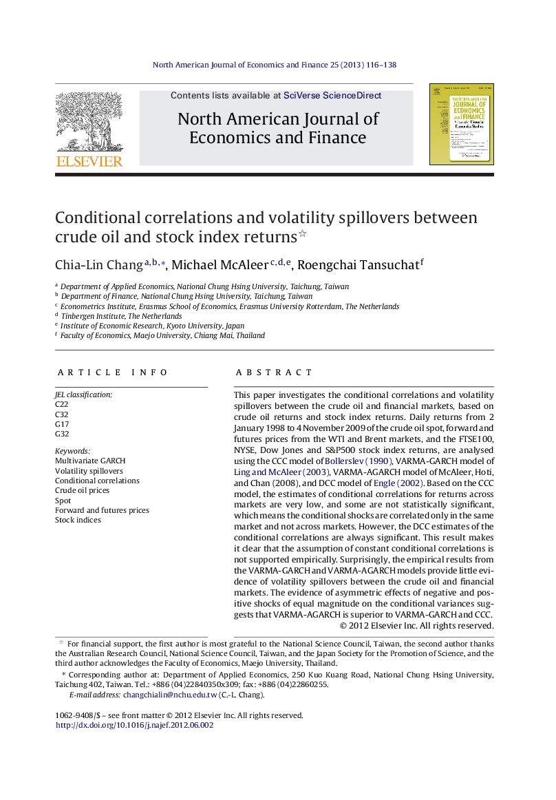 Conditional correlations and volatility spillovers between crude oil and stock index returns 