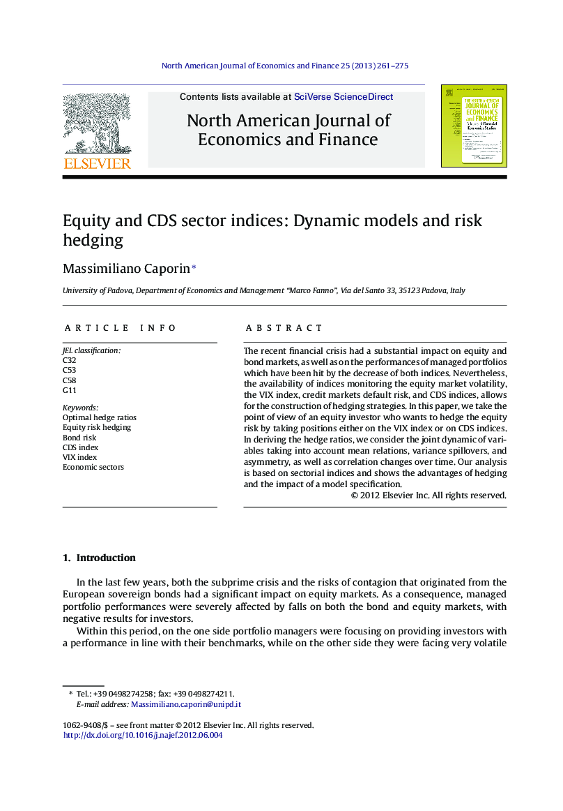 Equity and CDS sector indices: Dynamic models and risk hedging