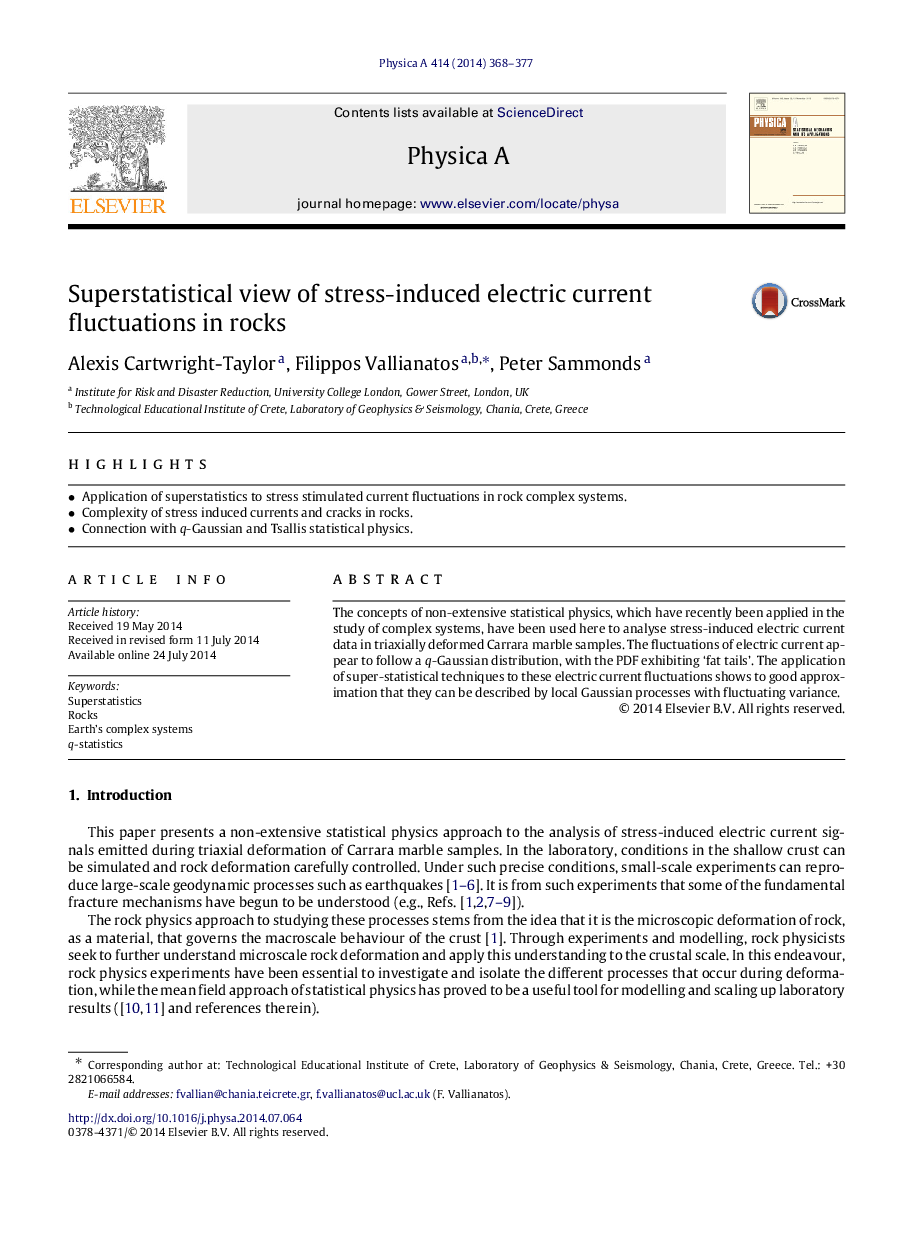 Superstatistical view of stress-induced electric current fluctuations in rocks