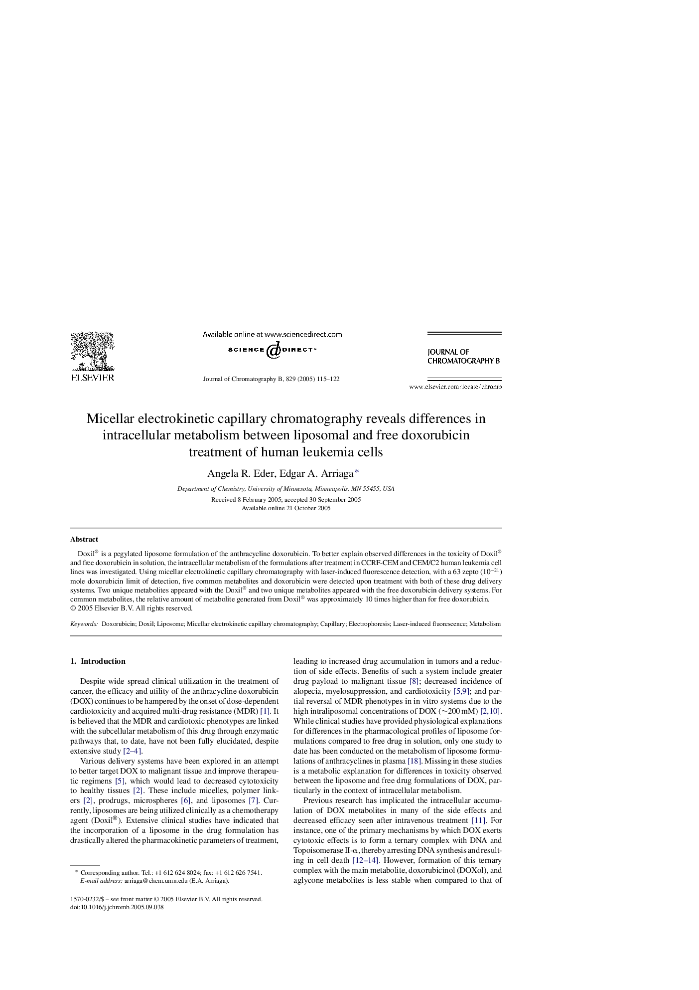 Micellar electrokinetic capillary chromatography reveals differences in intracellular metabolism between liposomal and free doxorubicin treatment of human leukemia cells