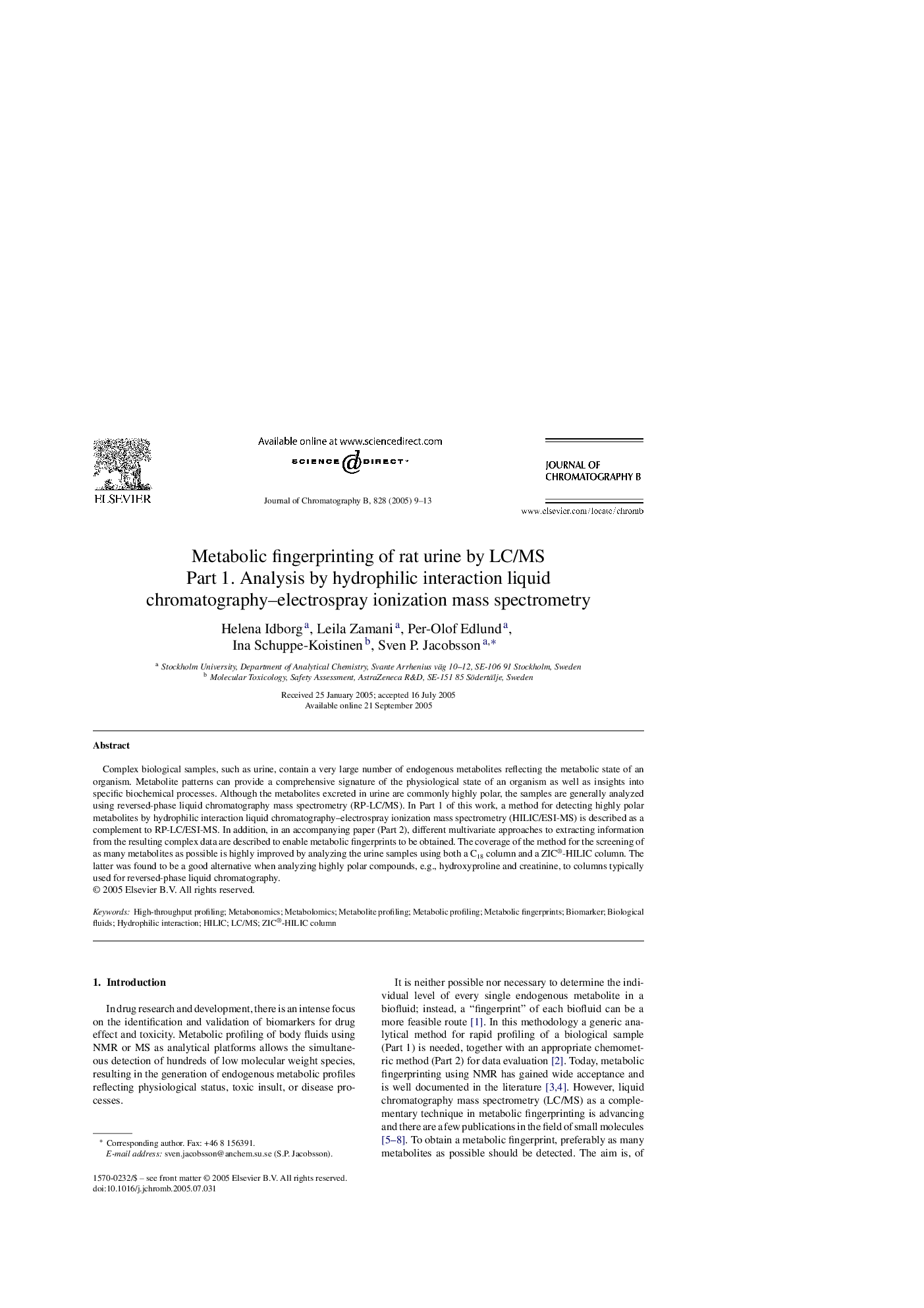 عکس صفحه اول مقاله: Metabolic fingerprinting of rat urine by LC/MS Metabolic fingerprinting of rat urine by LC/MS
