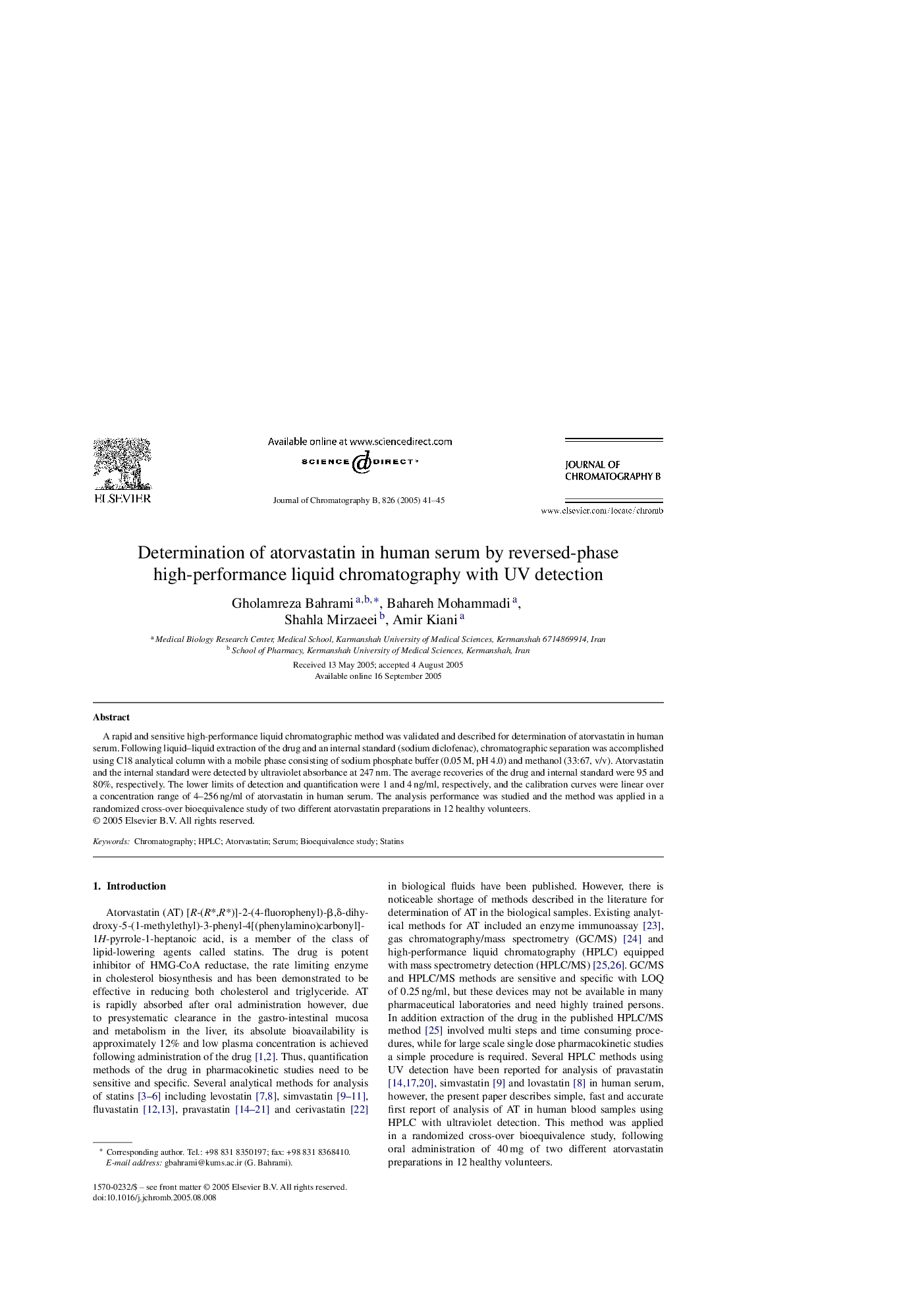 Determination of atorvastatin in human serum by reversed-phase high-performance liquid chromatography with UV detection