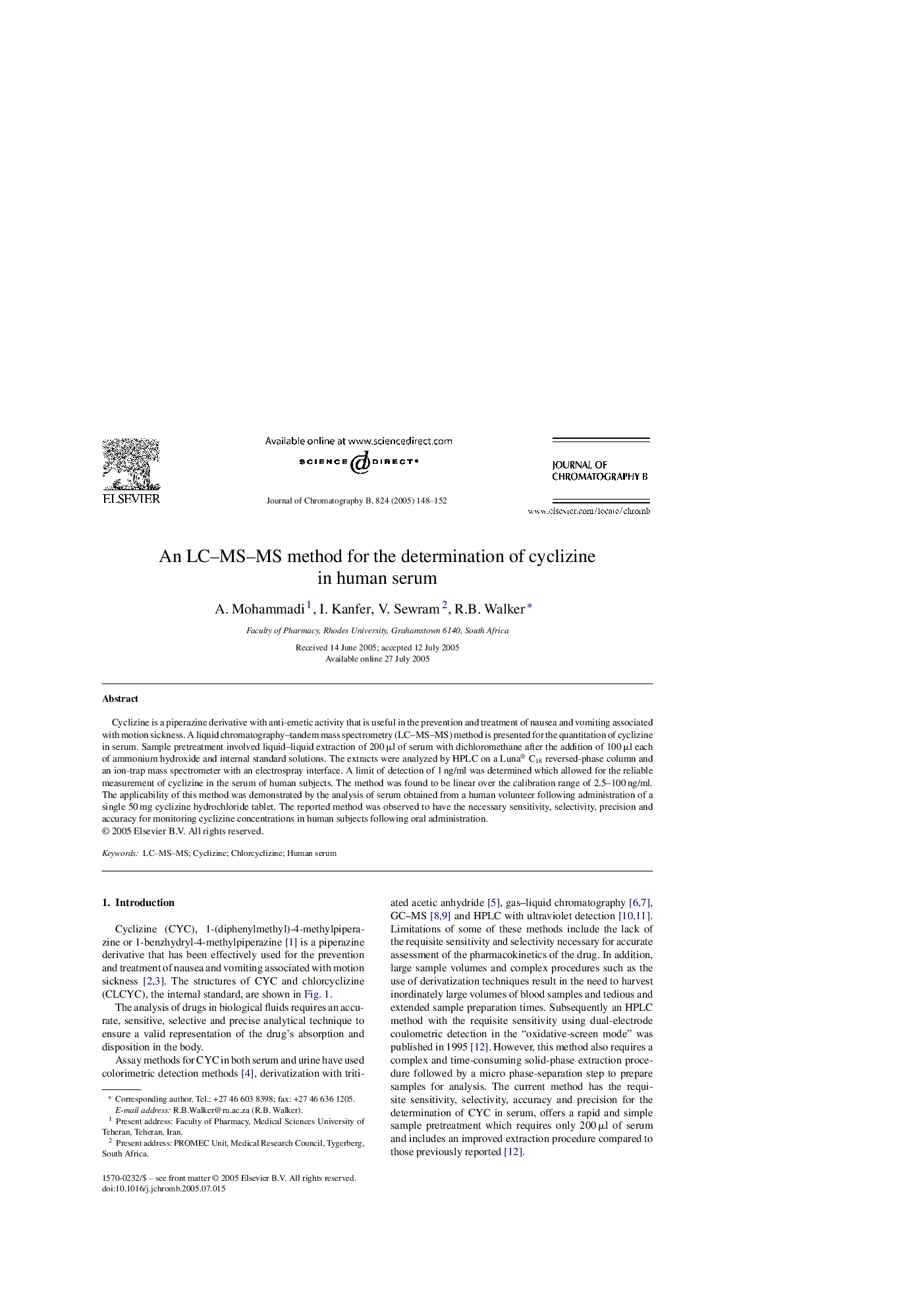 An LC-MS-MS method for the determination of cyclizine in human serum