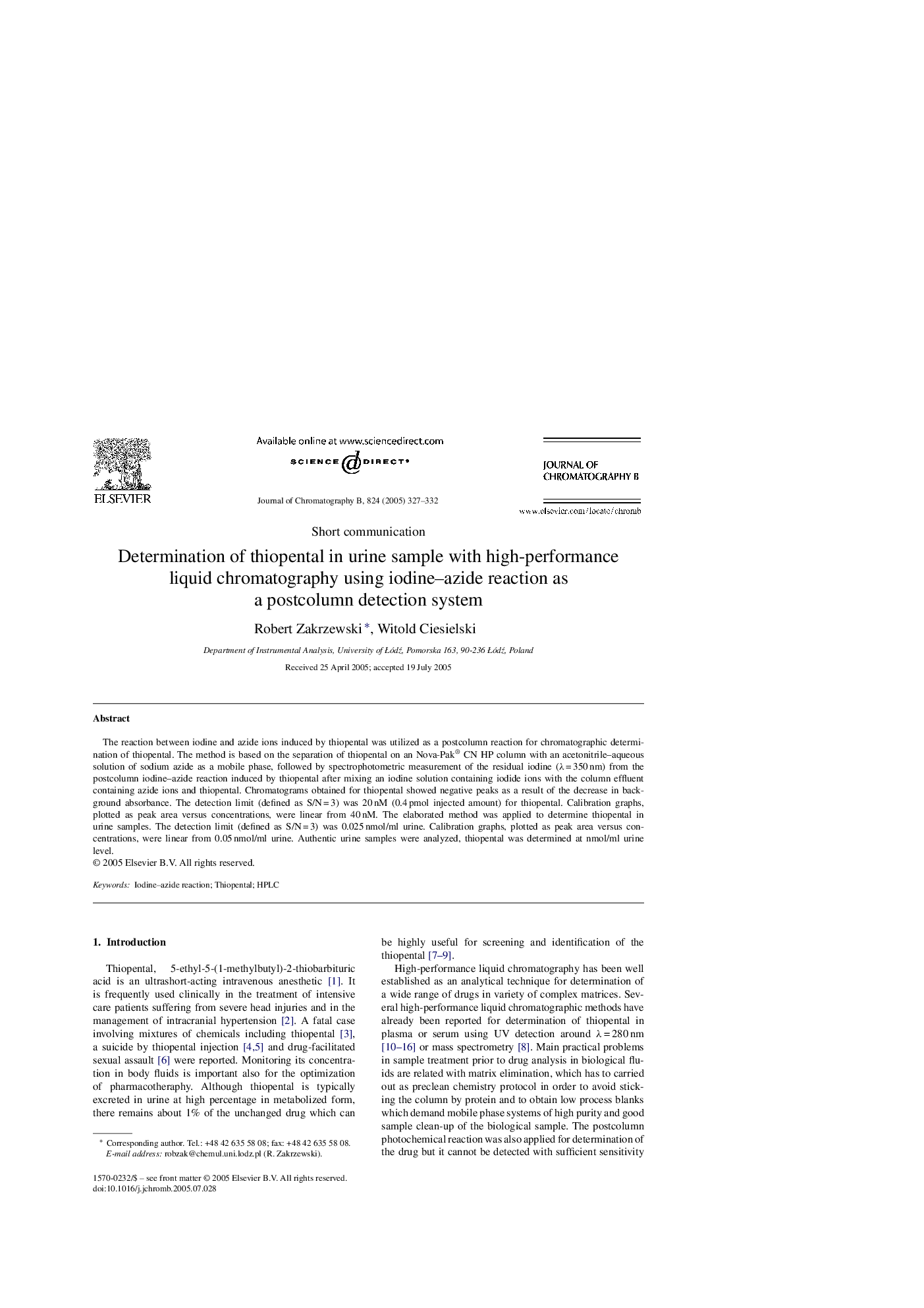 Determination of thiopental in urine sample with high-performance liquid chromatography using iodine-azide reaction as a postcolumn detection system
