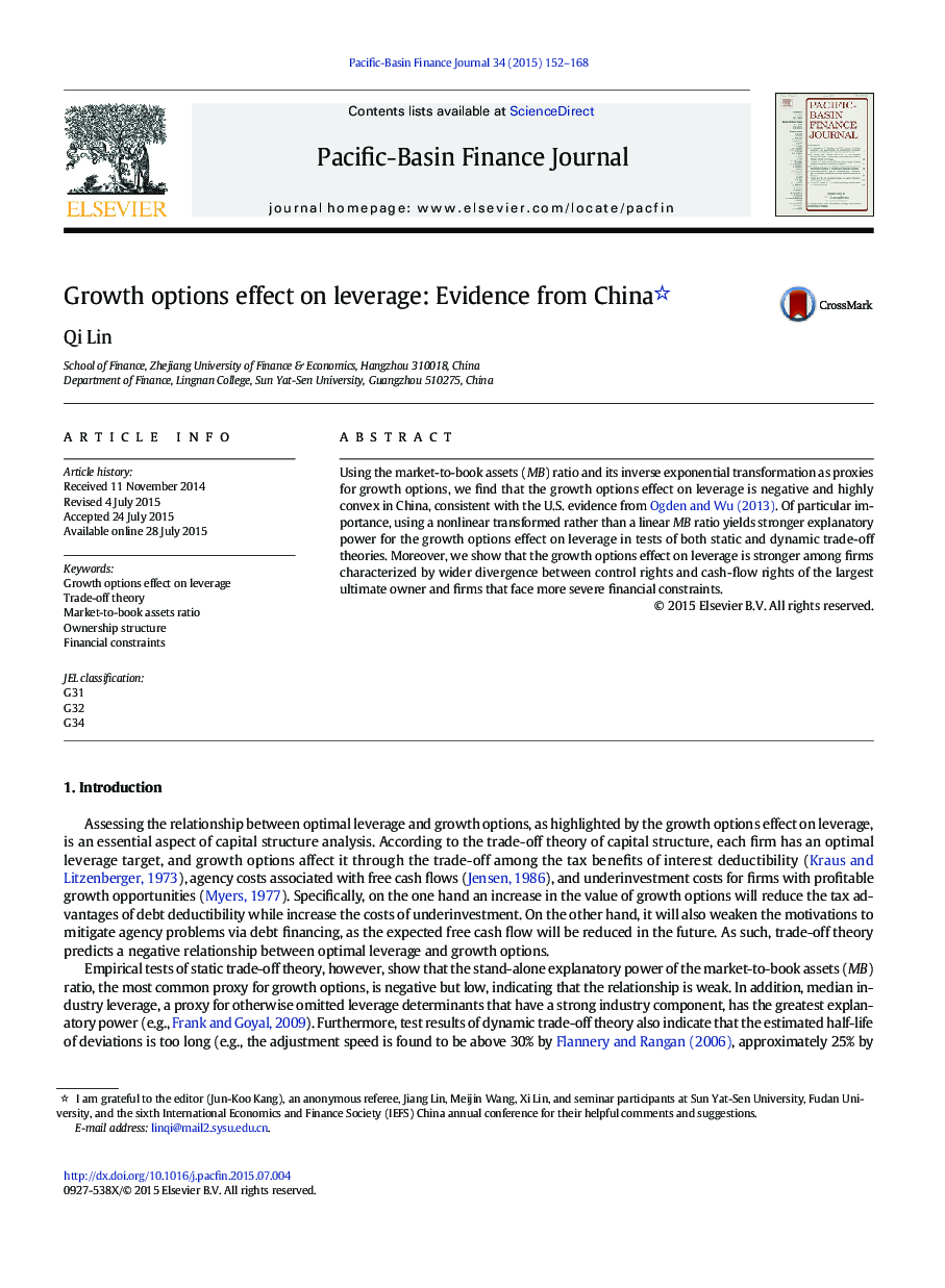 Growth options effect on leverage: Evidence from China 