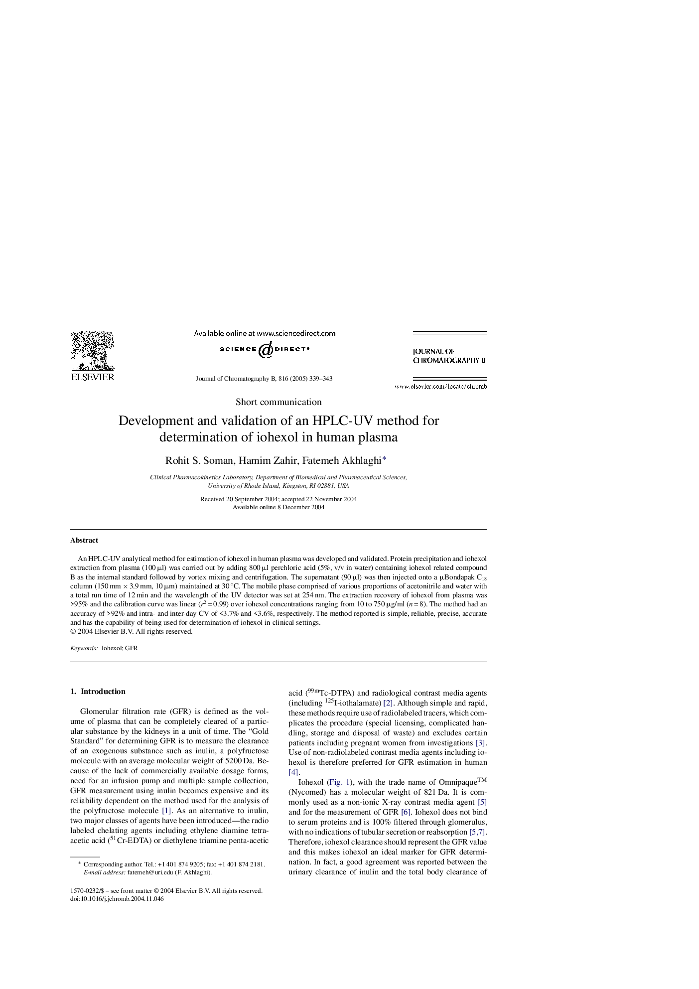 Development and validation of an HPLC-UV method for determination of iohexol in human plasma