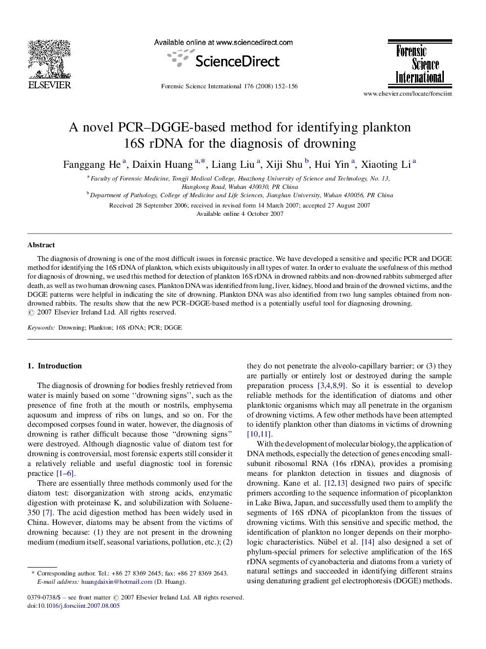 A novel PCR–DGGE-based method for identifying plankton 16S rDNA for the diagnosis of drowning