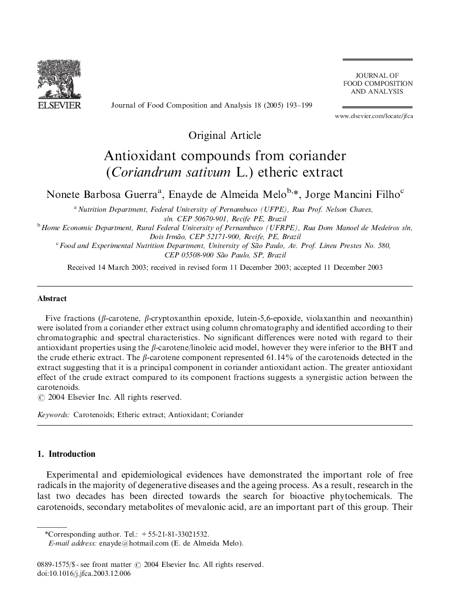 Antioxidant compounds from coriander (Coriandrum sativum L.) etheric extract