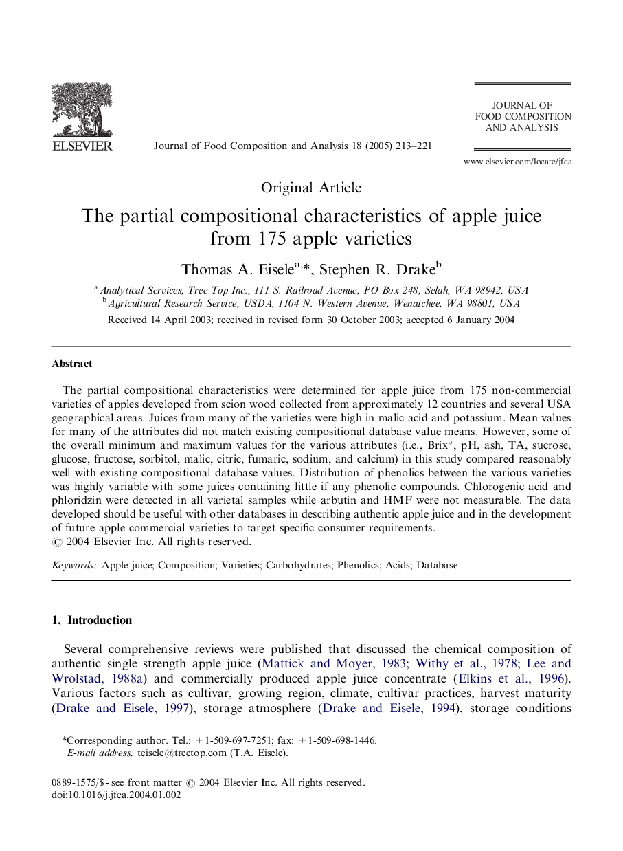 The partial compositional characteristics of apple juice from 175 apple varieties