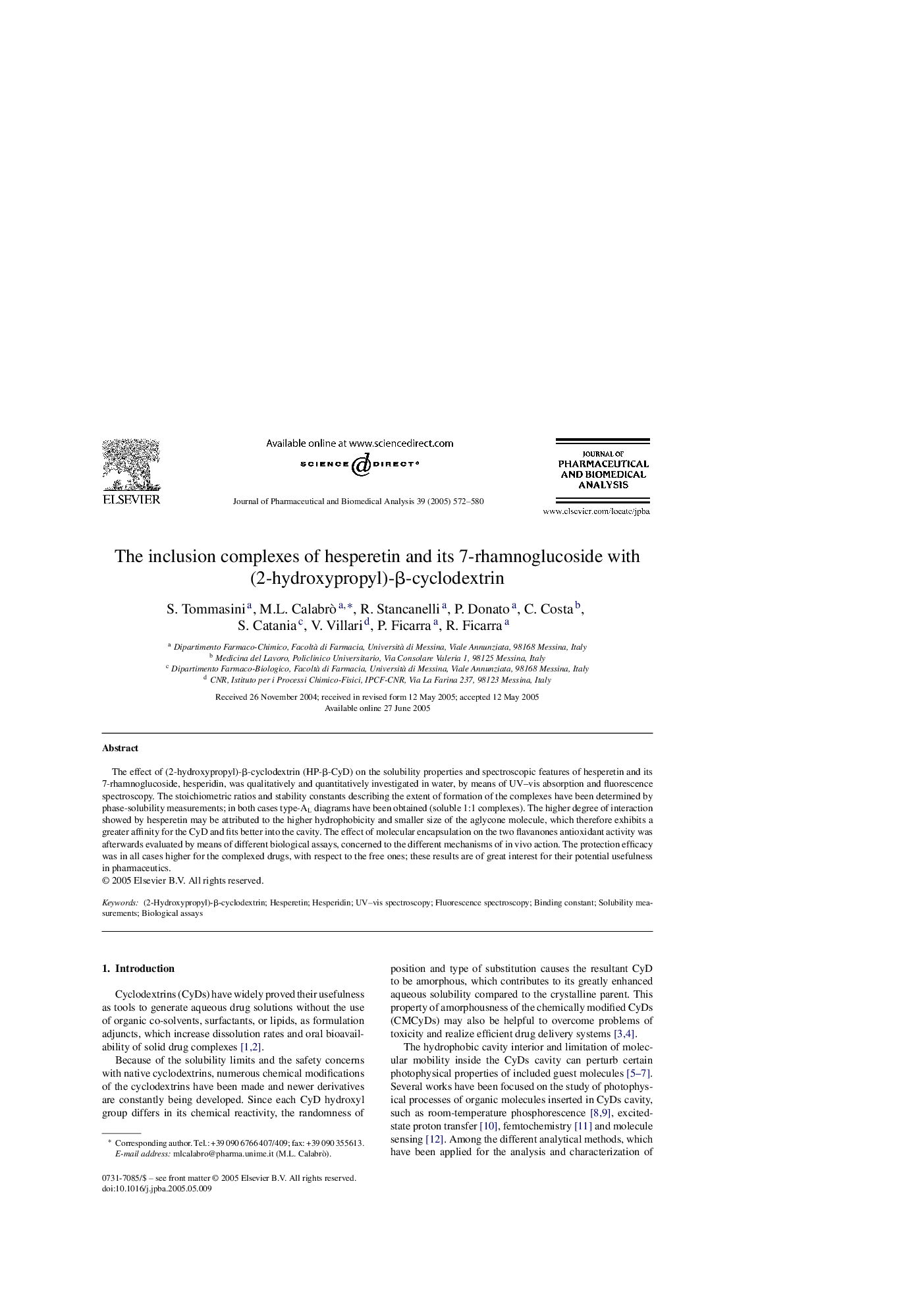 The inclusion complexes of hesperetin and its 7-rhamnoglucoside with (2-hydroxypropyl)-Î²-cyclodextrin