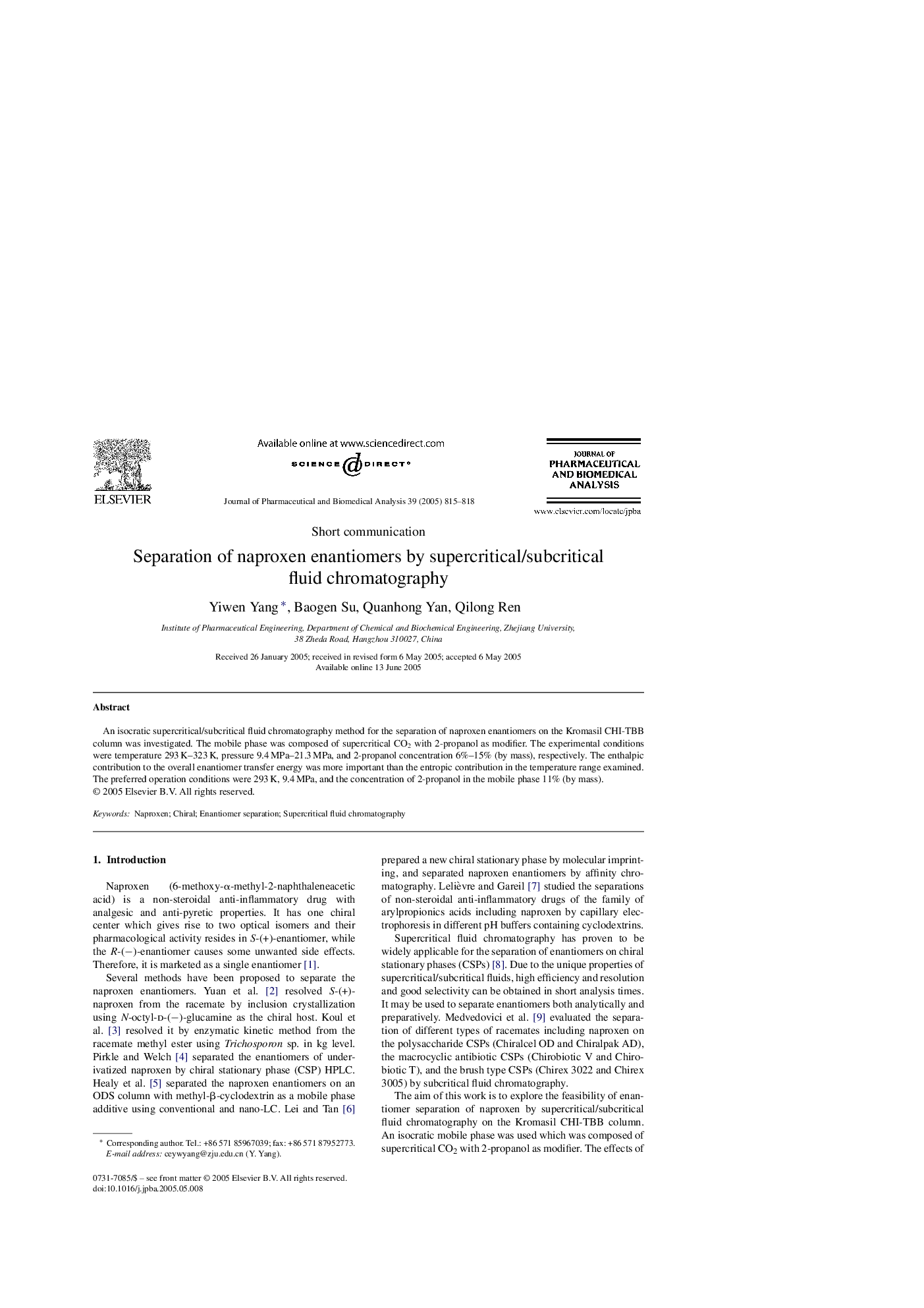 Separation of naproxen enantiomers by supercritical/subcritical fluid chromatography