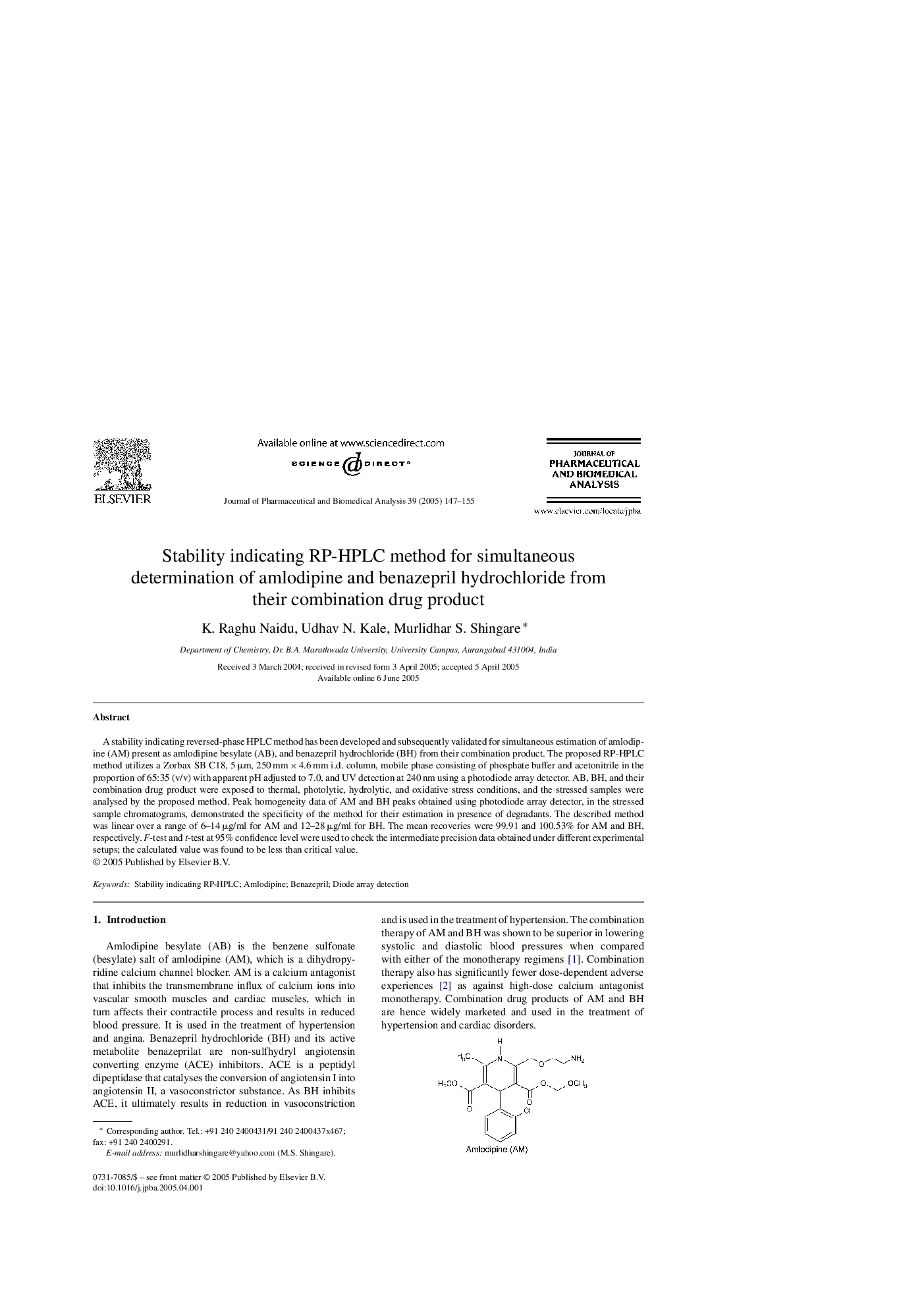 Stability indicating RP-HPLC method for simultaneous determination of amlodipine and benazepril hydrochloride from their combination drug product