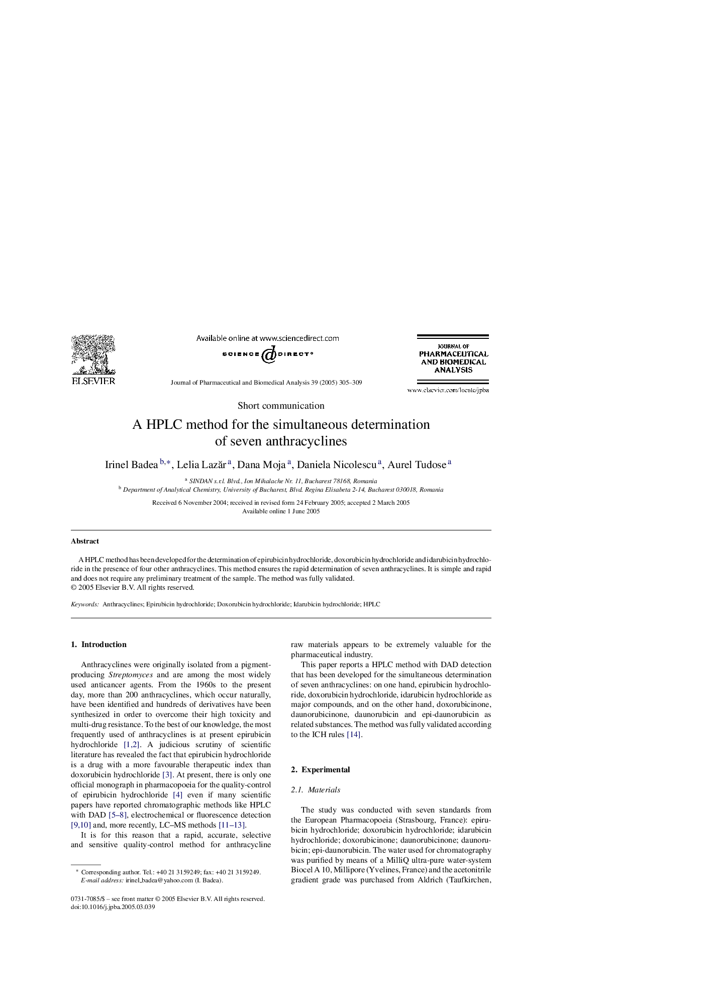 A HPLC method for the simultaneous determination of seven anthracyclines