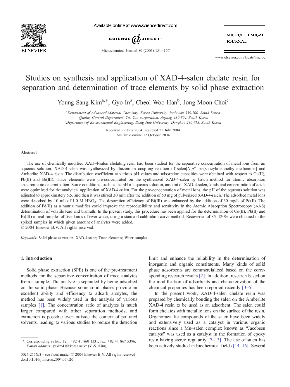 Studies on synthesis and application of XAD-4-salen chelate resin for separation and determination of trace elements by solid phase extraction