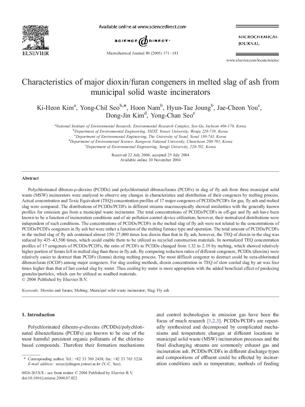 Characteristics of major dioxin/furan congeners in melted slag of ash from municipal solid waste incinerators