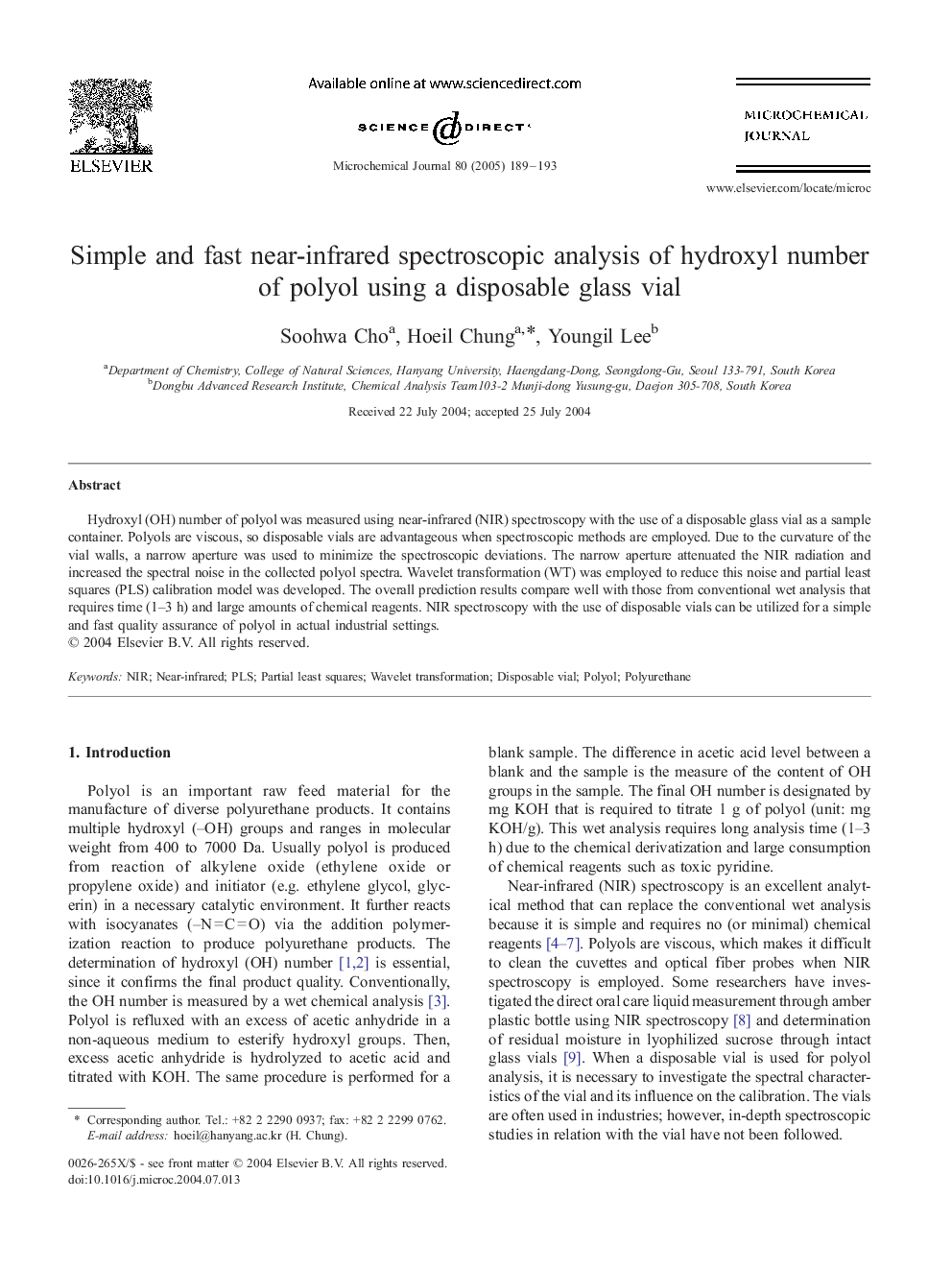 Simple and fast near-infrared spectroscopic analysis of hydroxyl number of polyol using a disposable glass vial