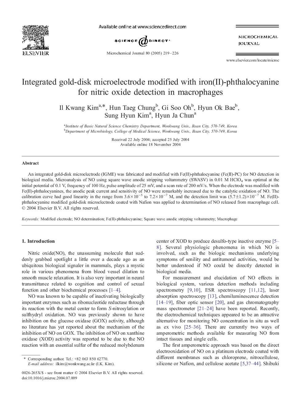 Integrated gold-disk microelectrode modified with iron(II)-phthalocyanine for nitric oxide detection in macrophages