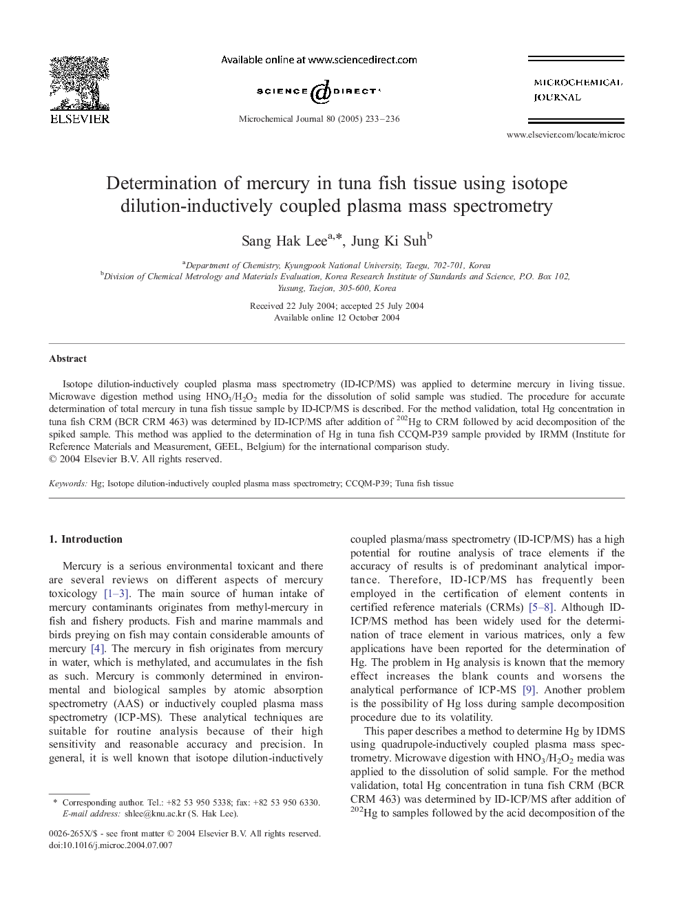 Determination of mercury in tuna fish tissue using isotope dilution-inductively coupled plasma mass spectrometry