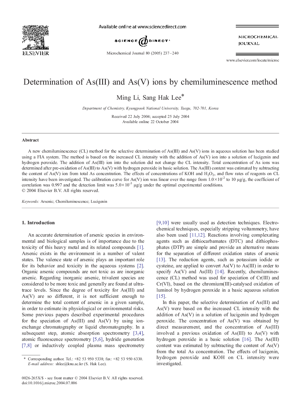 Determination of As(III) and As(V) ions by chemiluminescence method