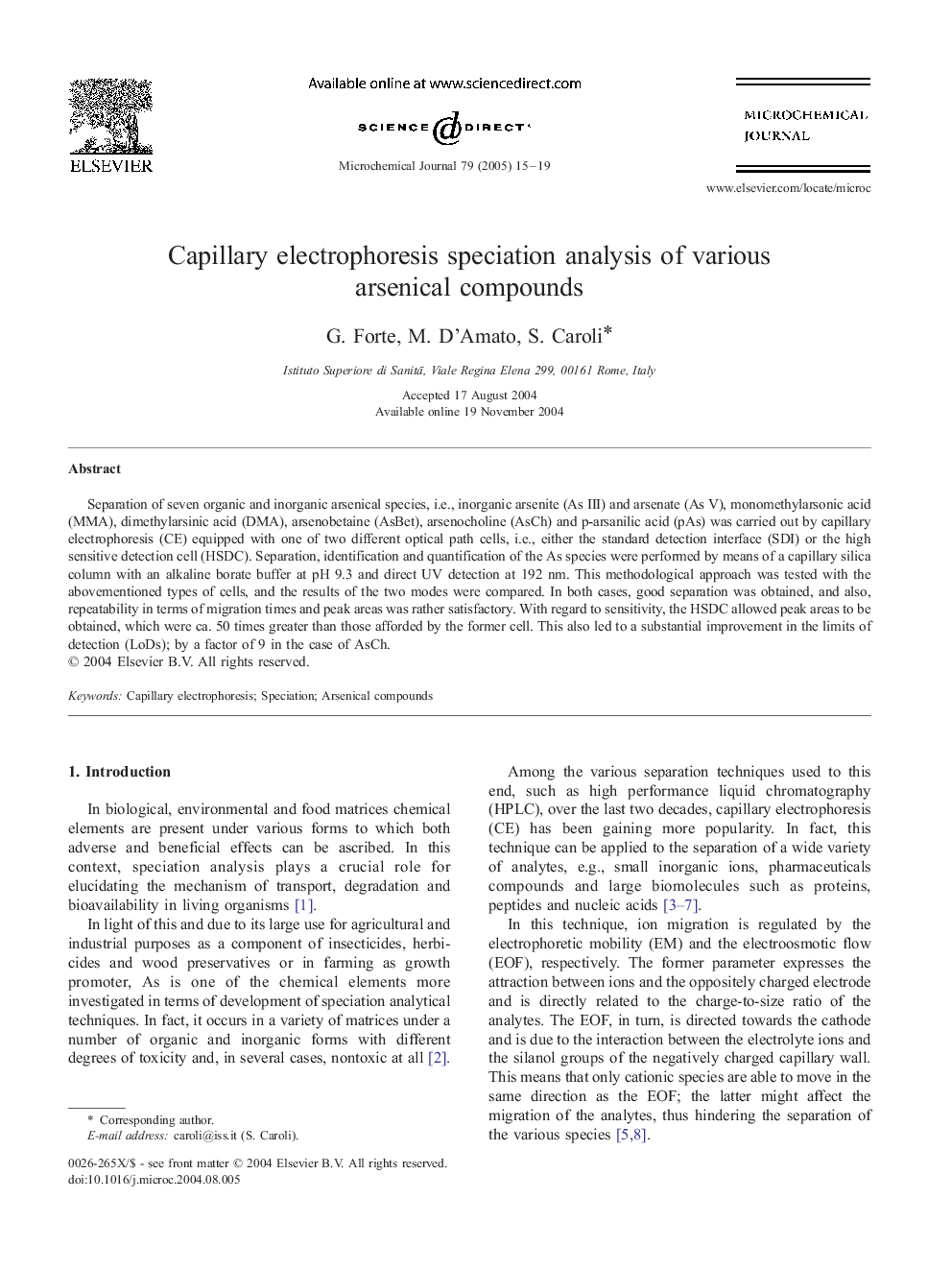 Capillary electrophoresis speciation analysis of various arsenical compounds