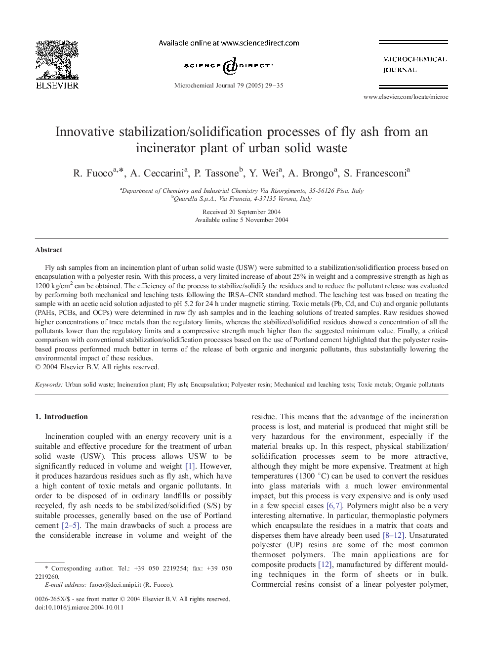 Innovative stabilization/solidification processes of fly ash from an incinerator plant of urban solid waste