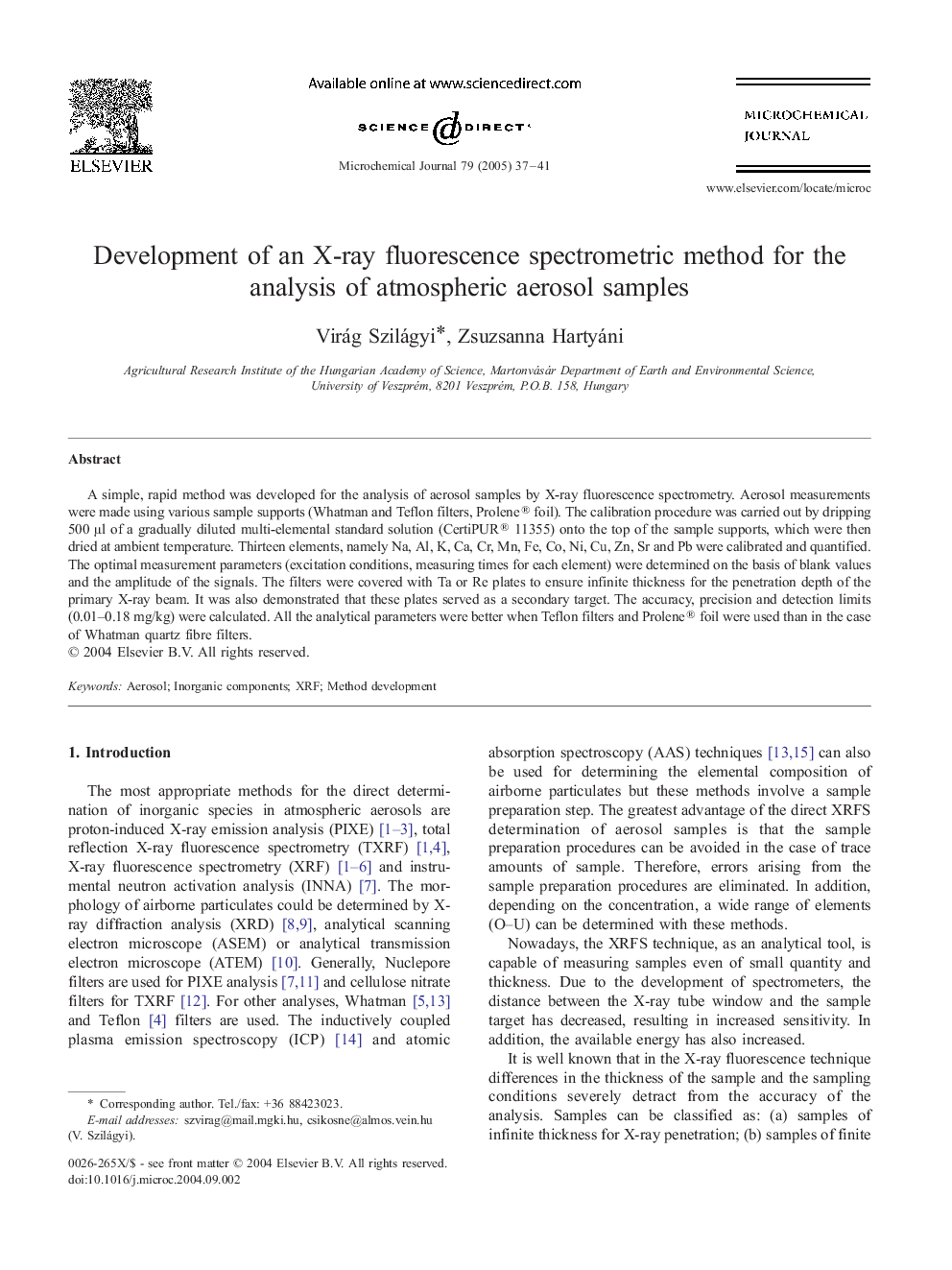 Development of an X-ray fluorescence spectrometric method for the analysis of atmospheric aerosol samples