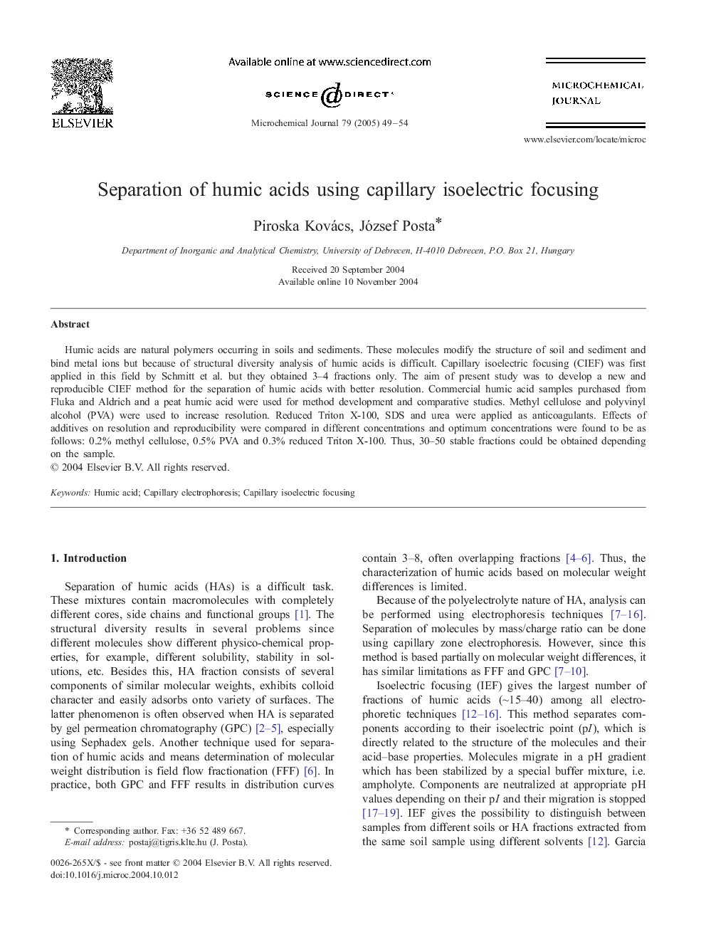 Separation of humic acids using capillary isoelectric focusing